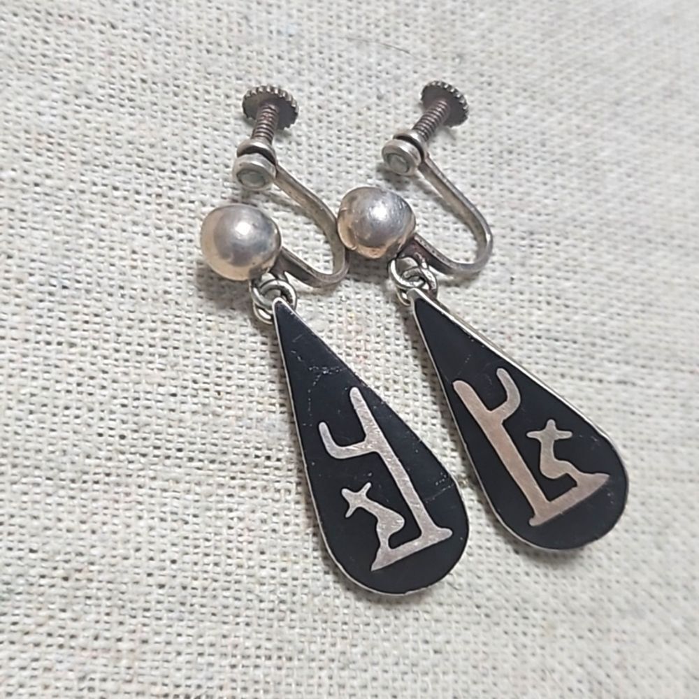 Vintage Hopi Sterling Silver Signed Screw-back Rune Earrings